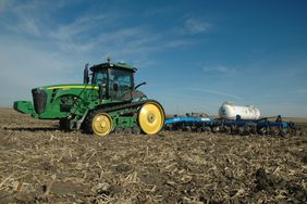 A John Deere tractor applying anhydrous in the fall.