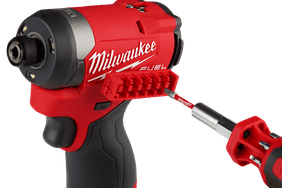 A bit mount rack on a Milwaukee tool.